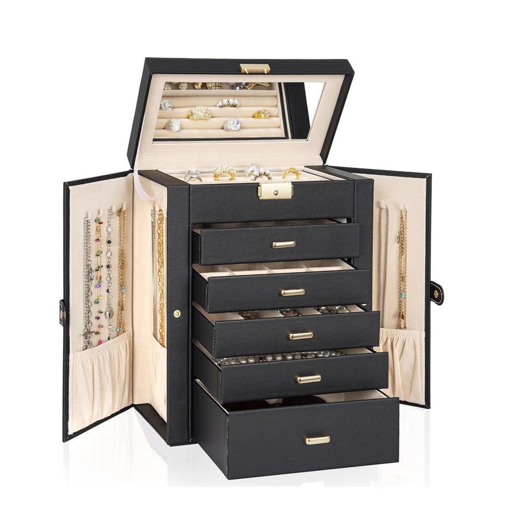 6-Tier Jewelry Box Lockable Leather Jewelry Storage Case
