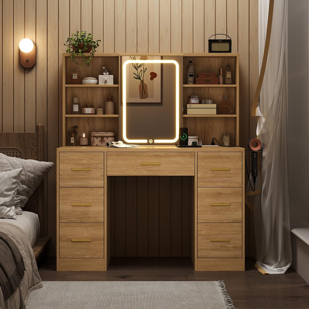 47'' W Large Vanity Desk with Mirror and Lights