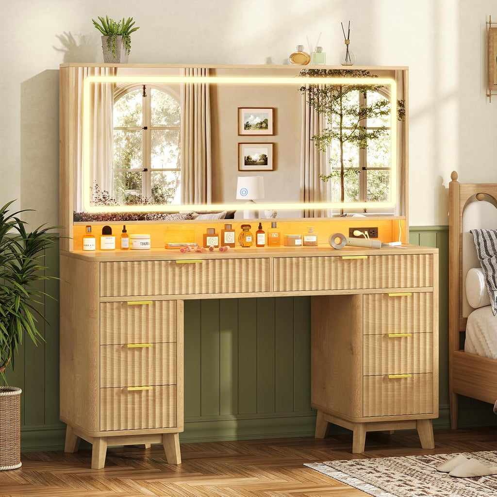 Fluted Vanity Desk with 46" Large Mirror and Lights