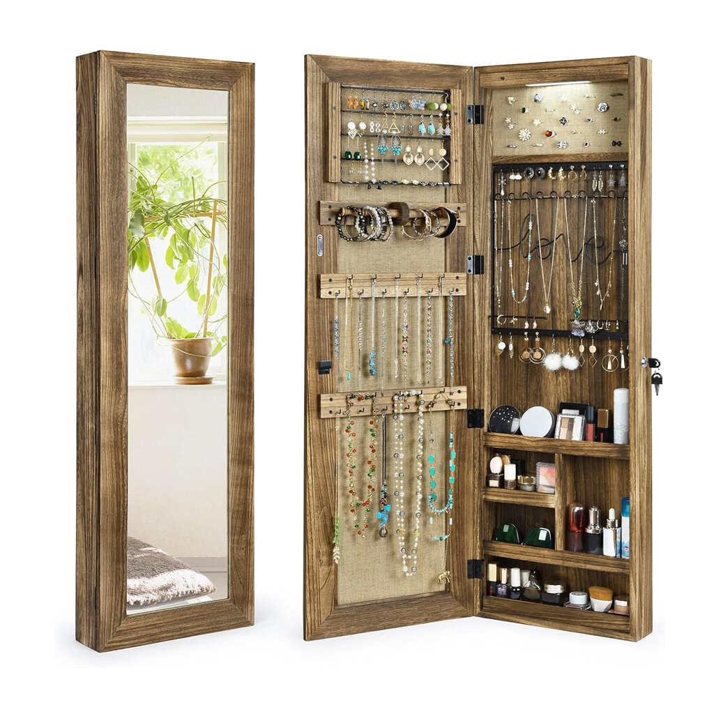 Solid Wood Jewelry Armoire Cabinet with Full Length Mirror