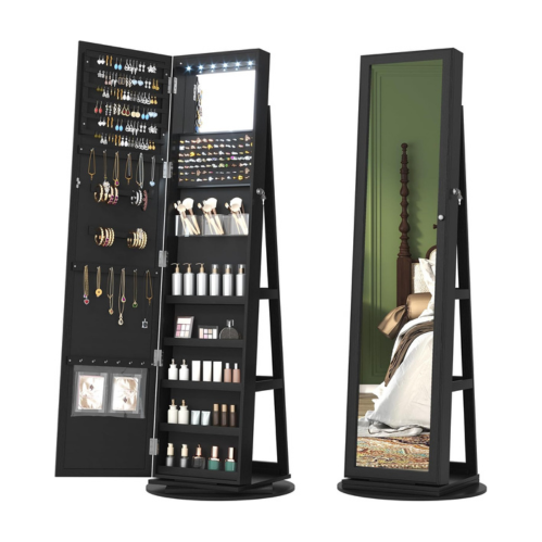 Standing Jewelry Armoire 6 LEDs Lockable Mirror Cabinet