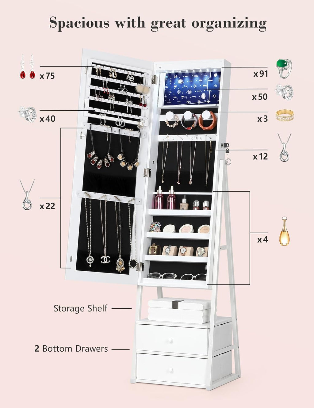 Lockable Standing Mirror Jewelry Cabinet with Drawers