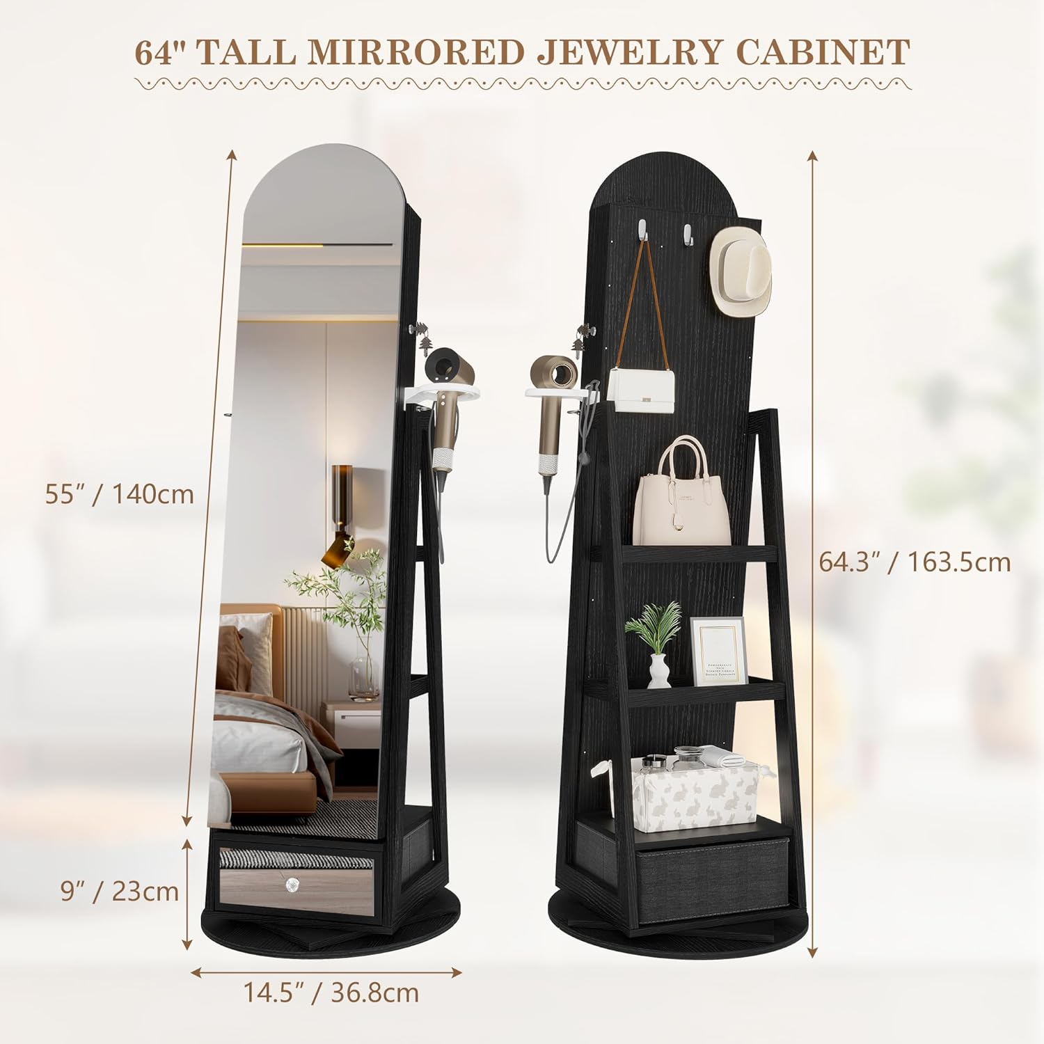 360° Swivel Arched Jewelry Cabinet with Mirror