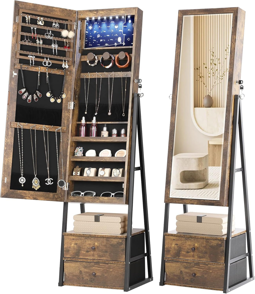 Lockable Standing Mirror Jewelry Cabinet with Drawers