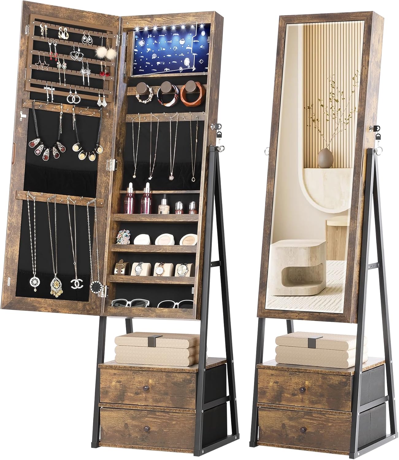 Lockable Standing Mirror Jewelry Cabinet with Drawers