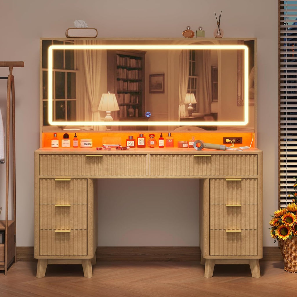 Fluted Vanity Desk with 46" Large Mirror and Lights