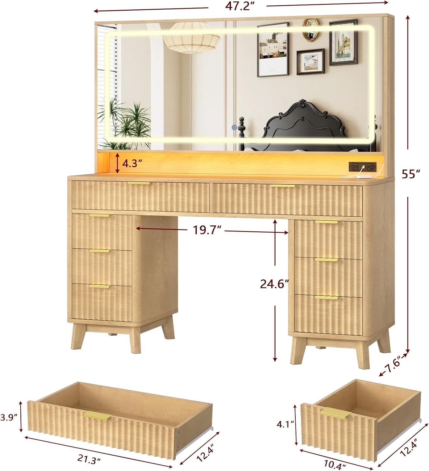 Fluted Vanity Desk with 46" Large Mirror and Lights